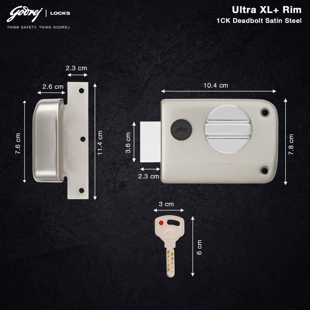 Godrej Rim Lock I Rim Deadbolt Ultra XL Plus I 1CK Deadbolt I For Inside Opening Wooden Main Door | Left or Right Handed Doors I 4 Keys I 5-Year Warranty I Manual Locking I Satin Nickel Finish